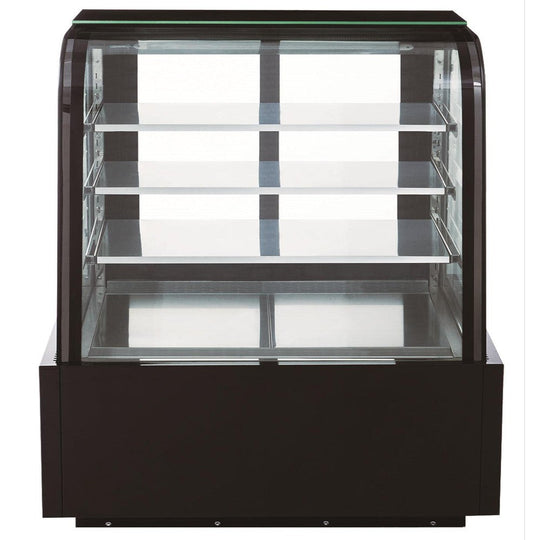 Dukers DDM48R-CB curved glass bakery case shown at an angle