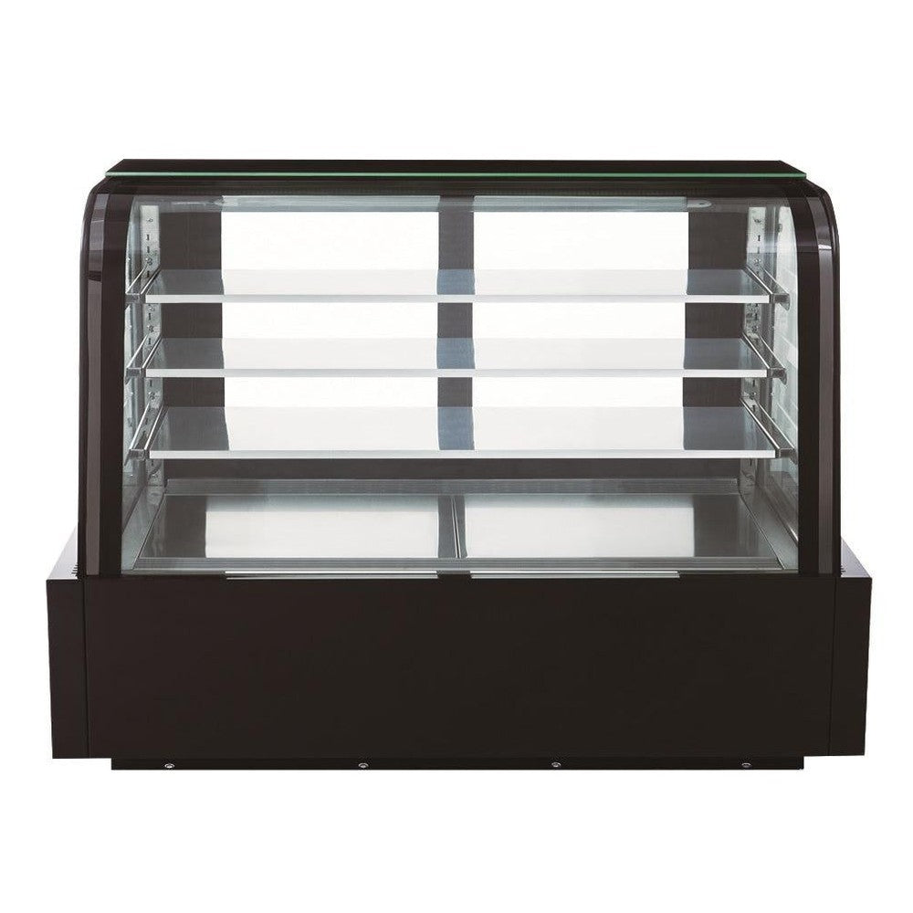 Dukers DDM72R-CB curved glass bakery case shown at an angle