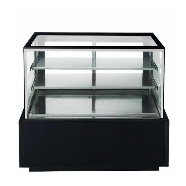 Dukers DDM48R bakery display case shown from the side with side glass panels