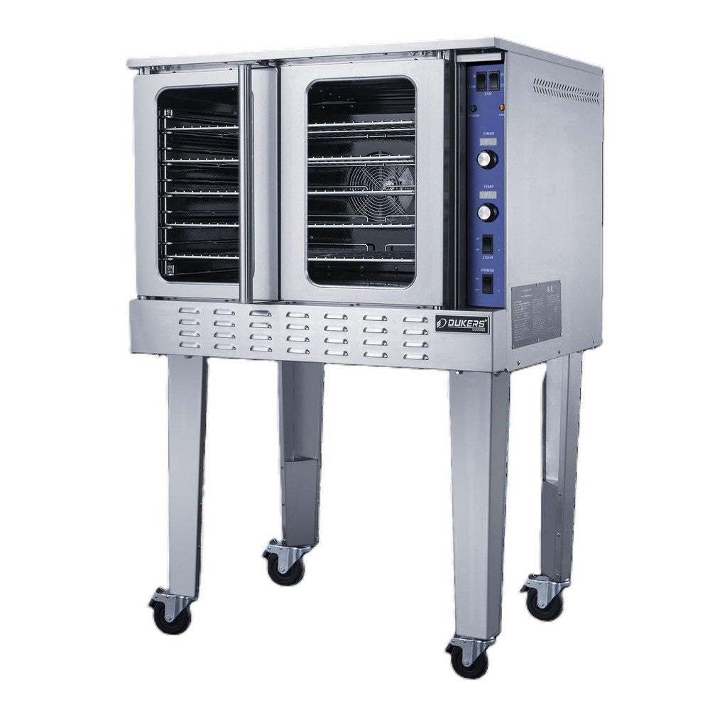 Dukers DCCOG1 single deck gas convection oven, stainless steel, front view with dual glass doors closed