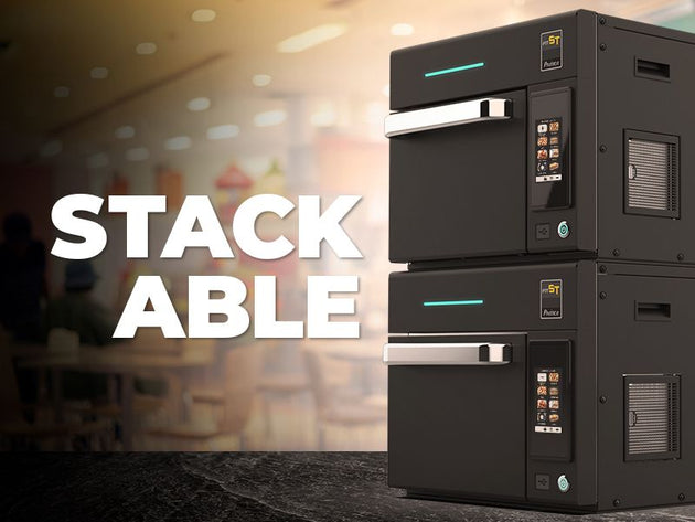 Two Pratica Fit ST ventless speed ovens in black stacked one above the other