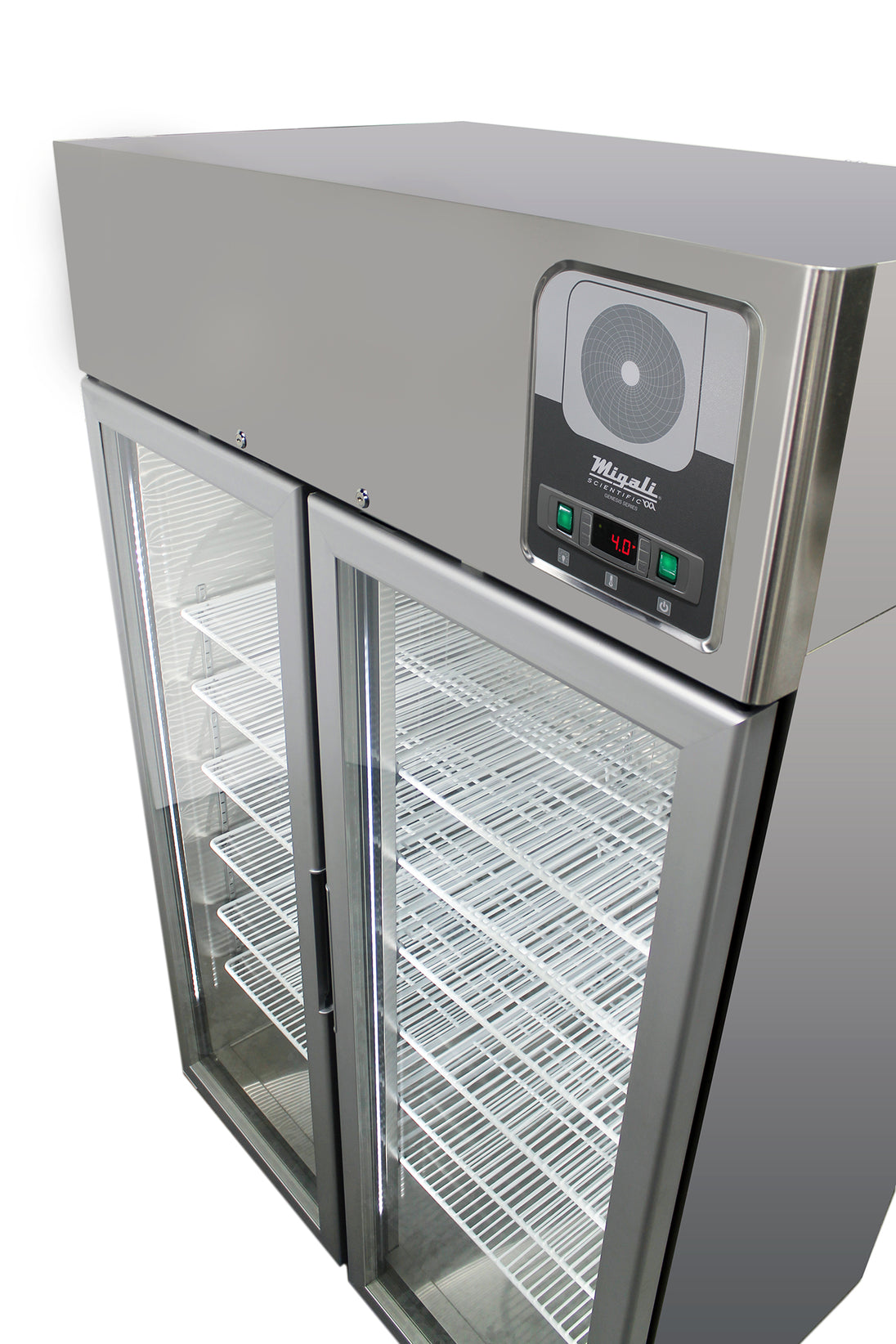 Migali Industries G-2RG-HC Medical-Grade Refrigerator - two glass door upright, top and control panel detail with chart recorder