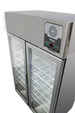 Migali Industries G-2RG-HC Medical-Grade Refrigerator - two glass door upright, top and control panel detail with chart recorder