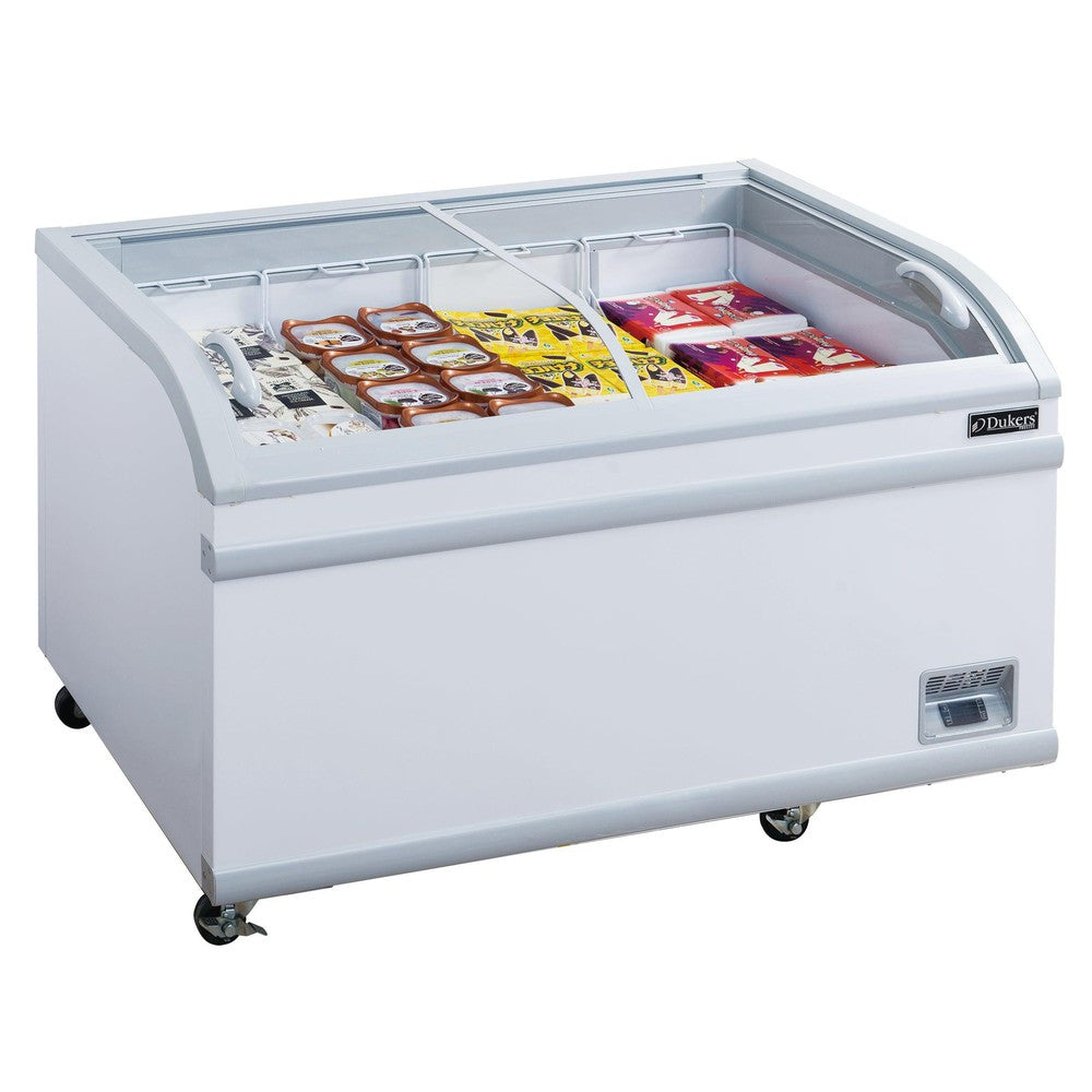 Dukers WD-500Y white chest freezer with curved sliding glass lids