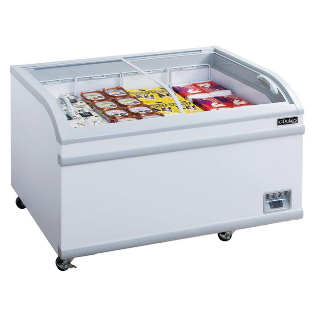 Dukers WD-700Y white chest freezer with curved sliding glass lids