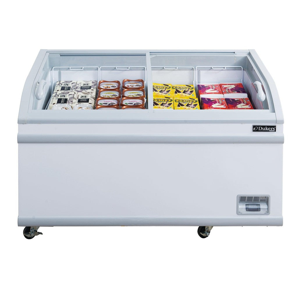 Dukers WD-500Y curved glass chest freezer merchandising frozen product
