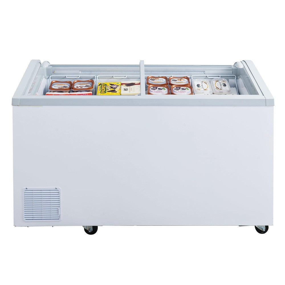 Dukers WD-500Y chest freezer with sliding lid open showing lift-out baskets