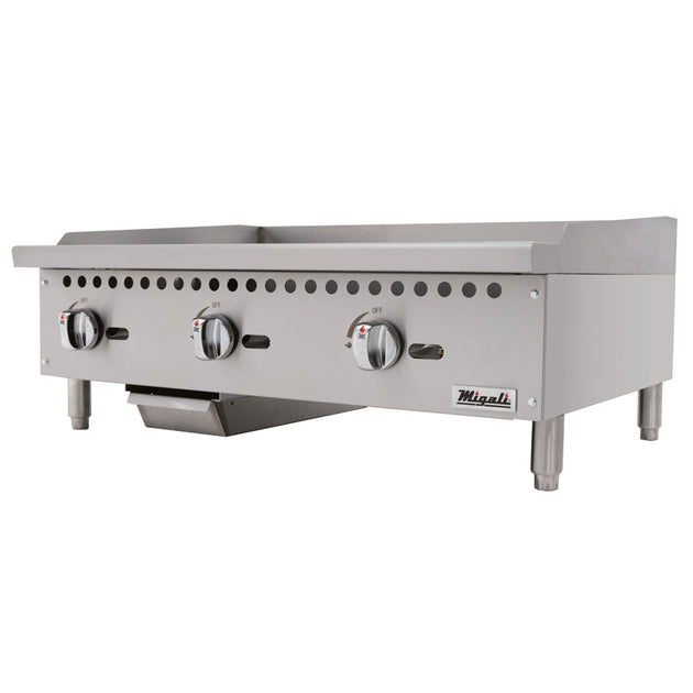 Migali Industries C-G36 36 Inch Gas Countertop Griddle - front three-quarter view showing the polished griddle plate, three control knobs and front grease trough